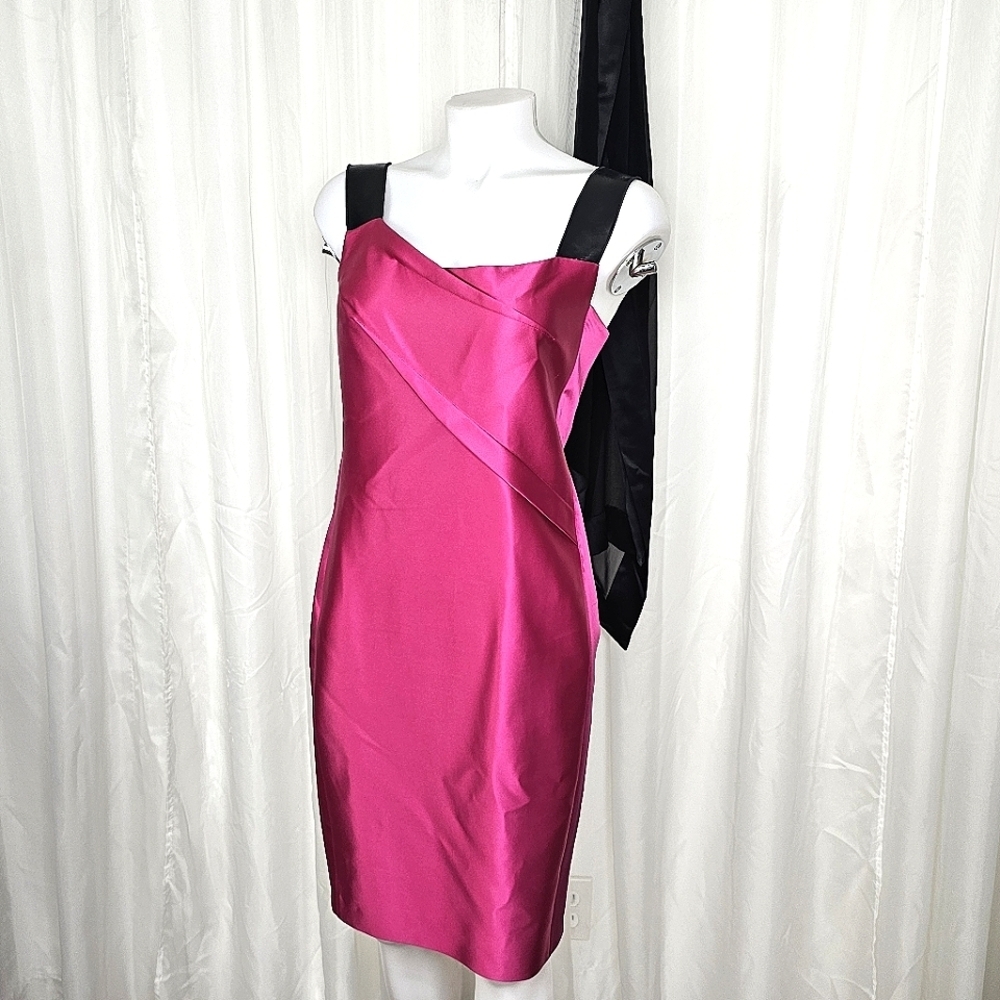 Roland Mouret Fuchsia Pink Black Asymmetric Neck Cocktail Dress Side Zip 10
